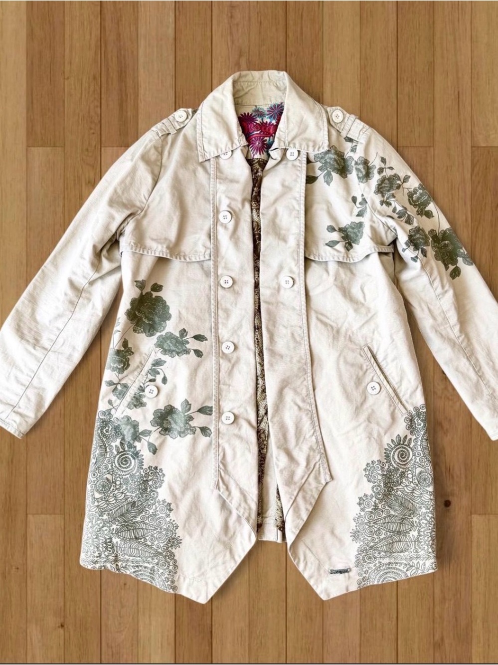 Desigual Insane Y2K Green and Tan Graphic Funky Print Boho Trenchcoat